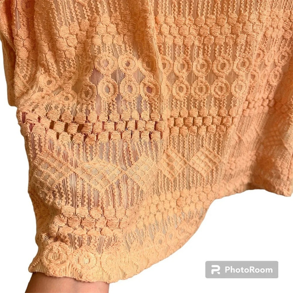 Lucky Brand Womens M Blush Pink Crochet 3/4 Sleeves Boho Top Sheer Square Neck - Picture 4 of 10